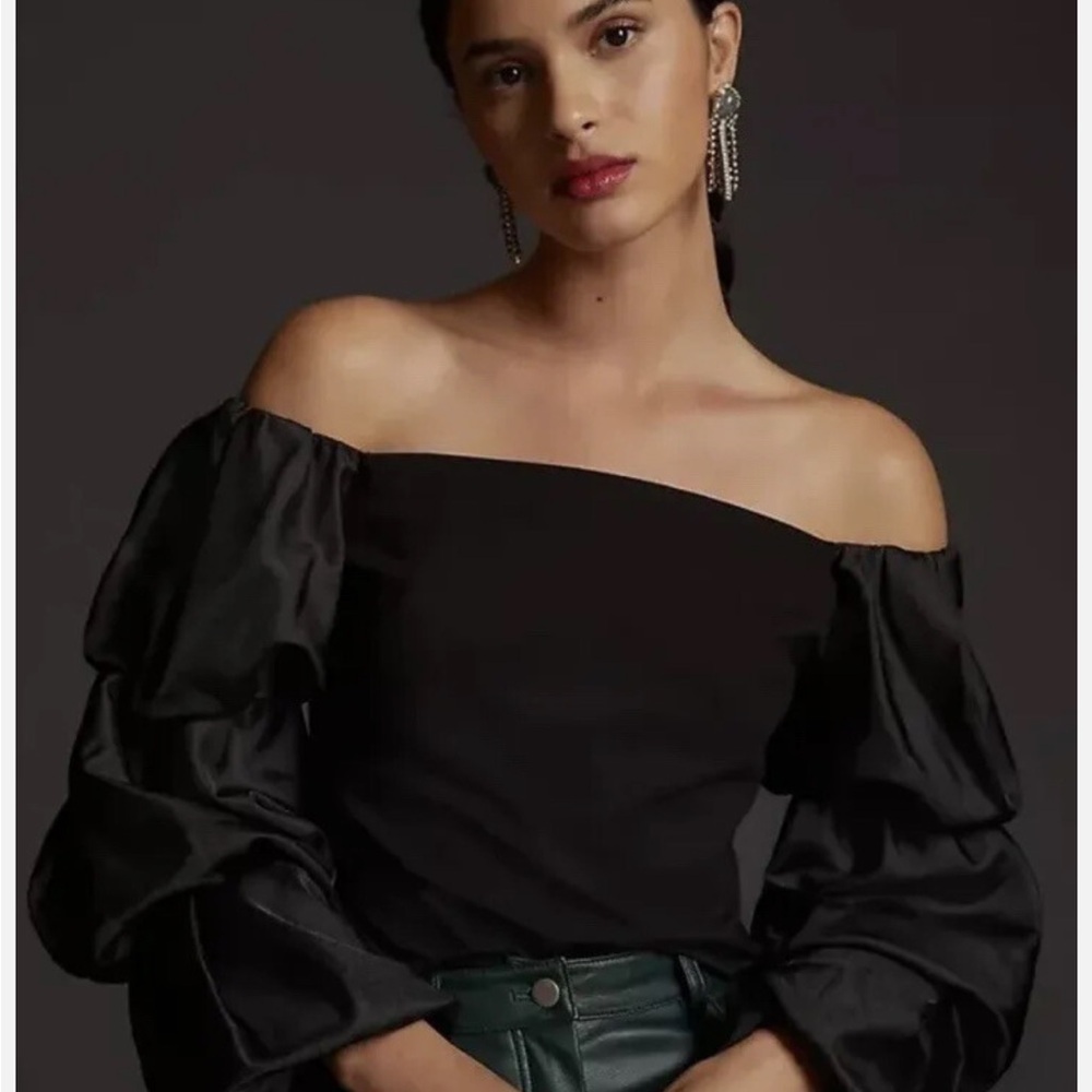 Anthropologie Off-Shoulder Black Puff-Sleeve Women's Top